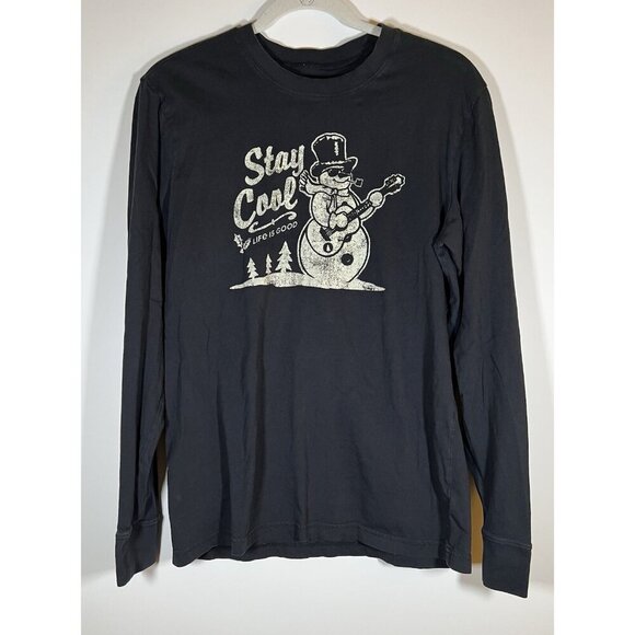 Life is Good black LS tshirt distressed snowman "stay cool" graphic Holiday sz M - Picture 1 of 6